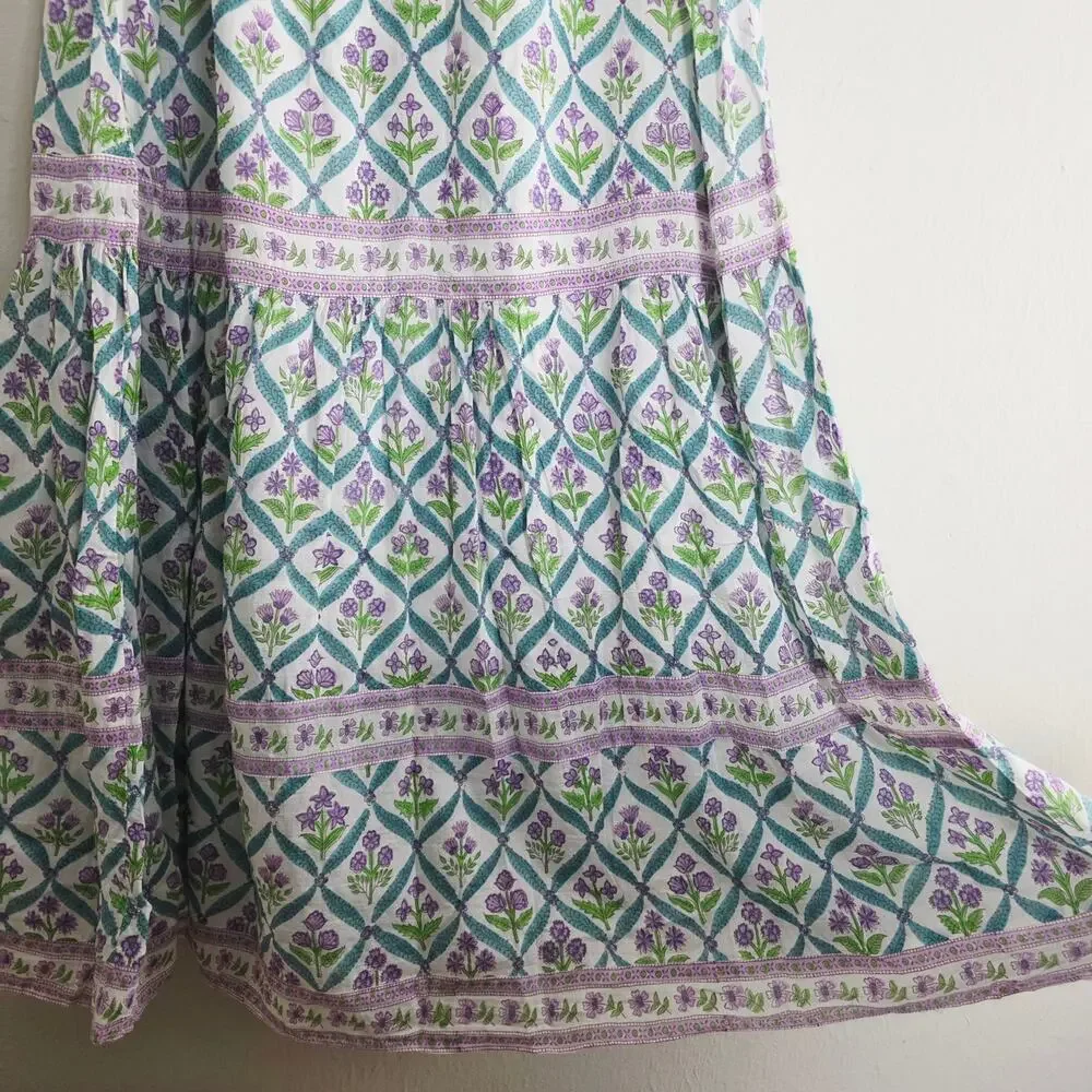 Alicia Bell Sutton Turquoise Purple Floral Silk Blend Tiered Maxi Skirt - Picture 4 of 12